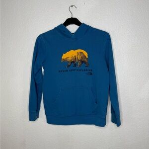 North Face Boys Blue Hoodie with Bear Graphic Size L